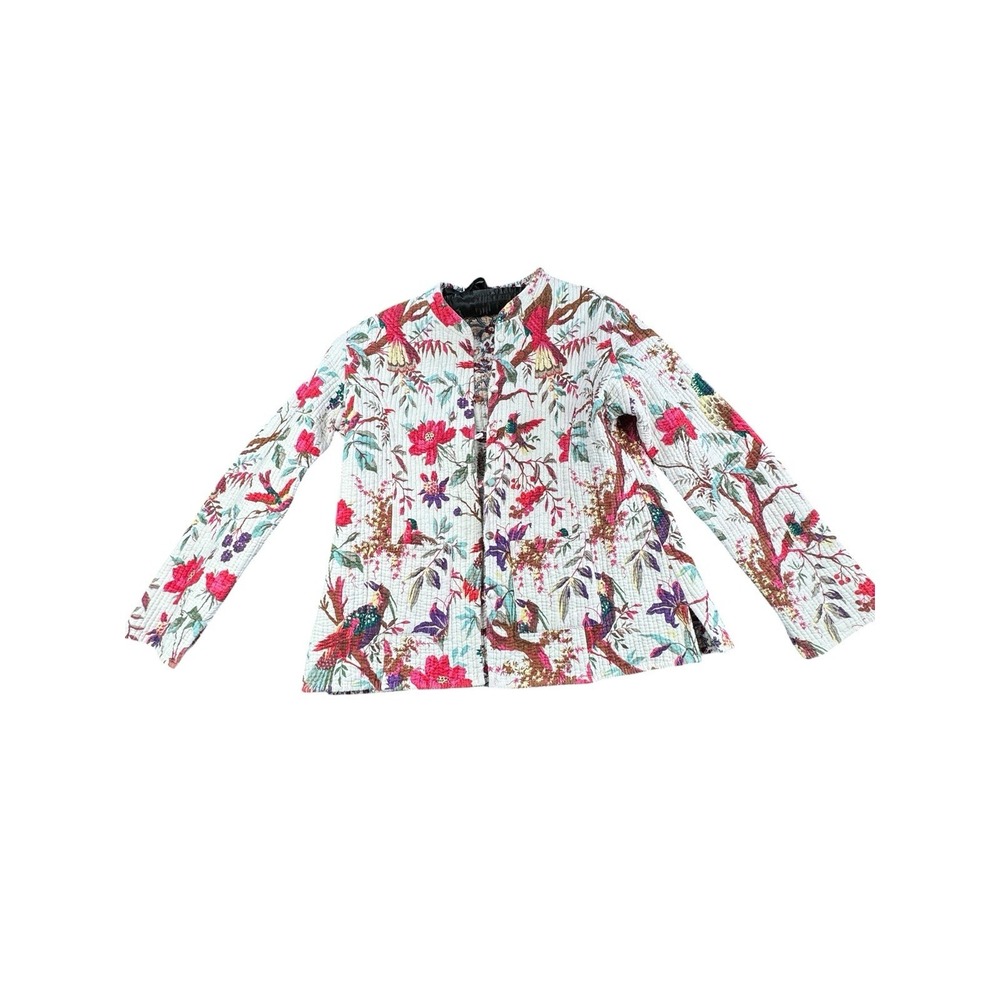 Reversible Quilted Jacket Floral Bird Print Button Up Boho Womens S M